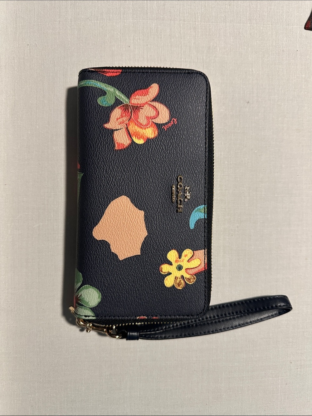 Coach Navy Floral Zip-Around Wristlet Wallet